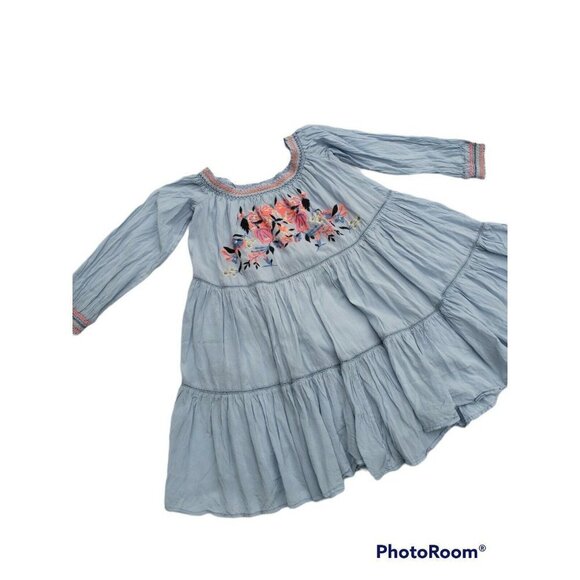 FREE PEOPLE Sunbeams Mini Dress Light Blue Smocked Embroidered Small Boho Dainty - Picture 3 of 12